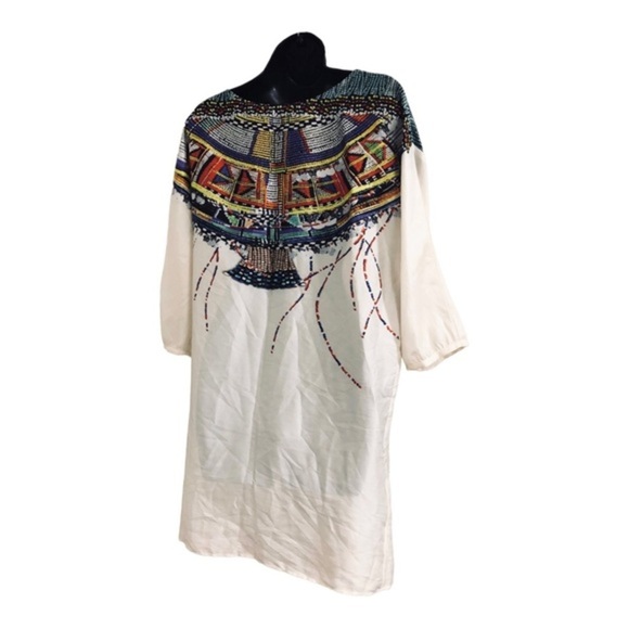 Zara ivory multicolor masai pattern look mid sleeve tunic style shirt dress sz M - Picture 13 of 17